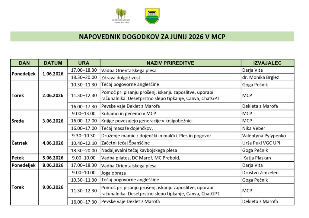 Napovednik dogodkov Medgeneracijskega centra Prebold za junij 2026.